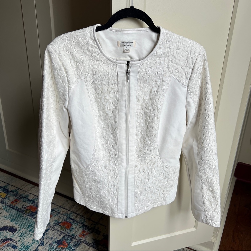 Yvonne & Marie for Revue White Faux Leather and Lace Zip-Up Jacket Size M